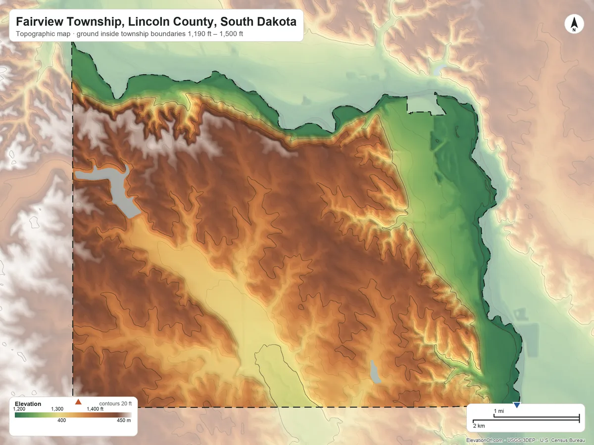 Topographic elevation map of Fairview Township, Lincoln County, South Dakota, shaded from 1,190 ft on the southeast side to 1,500 ft on the southwest side