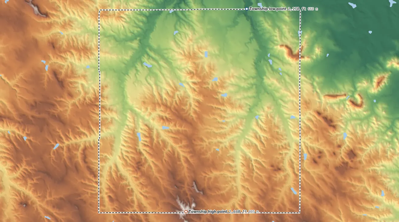 Topographic elevation map of Fairview Township, Mellette County, South Dakota, shaded from 2,170 ft on the north side to 2,640 ft on the southwest side