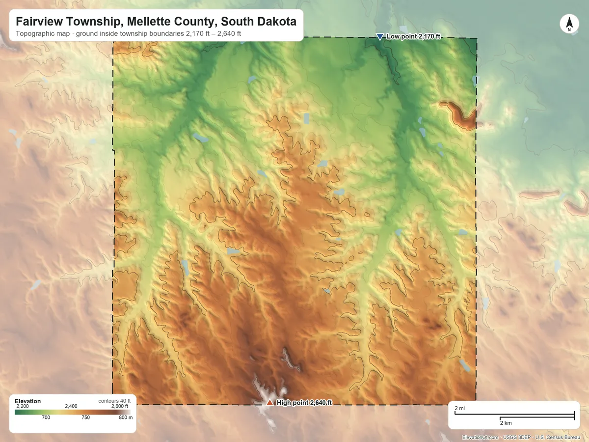 Topographic elevation map of Fairview Township, Mellette County, South Dakota, shaded from 2,170 ft on the north side to 2,640 ft on the southwest side