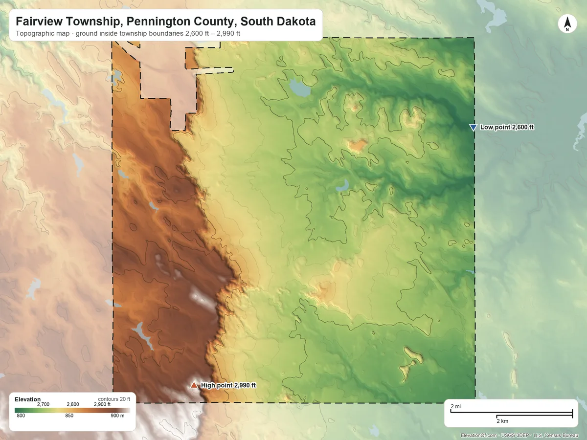 Topographic elevation map of Fairview Township, Pennington County, South Dakota, shaded from 2,600 ft on the east side to 2,990 ft on the south side