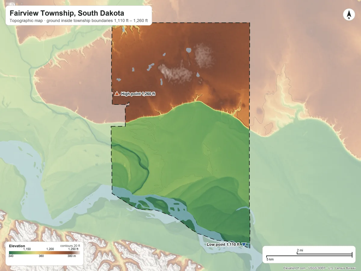 Topographic elevation map of Fairview Township, South Dakota, shaded from 1,110 ft on the southeast side to 1,260 ft on the northwest side