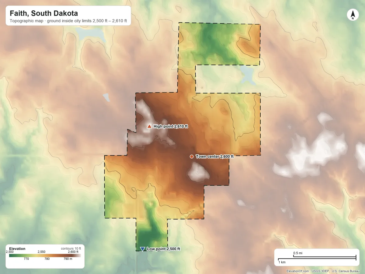 Topographic elevation map of Faith, South Dakota, shaded from 2,500 ft on the southwest side to 2,610 ft on the northwest side