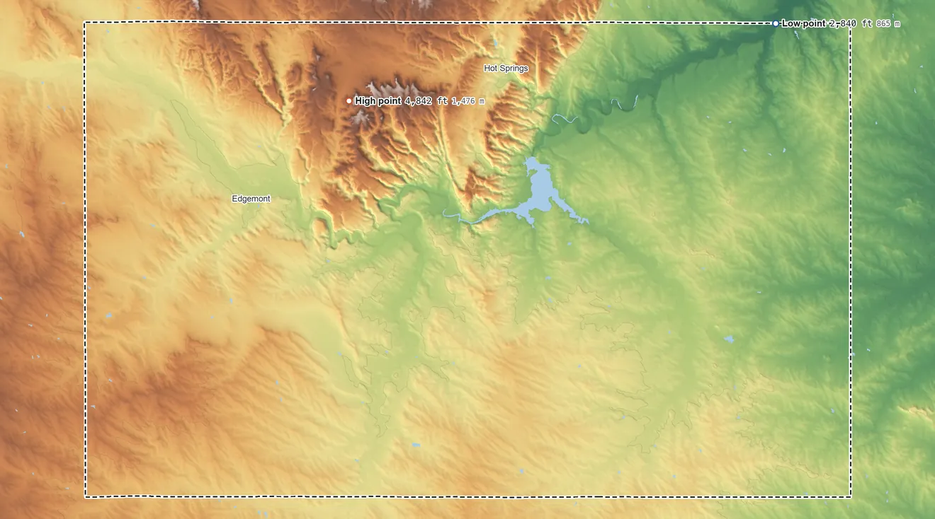 Topographic elevation map of Fall River County, South Dakota, shaded from 2,840 ft on the northeast side to 4,842 ft on Parker Peak
