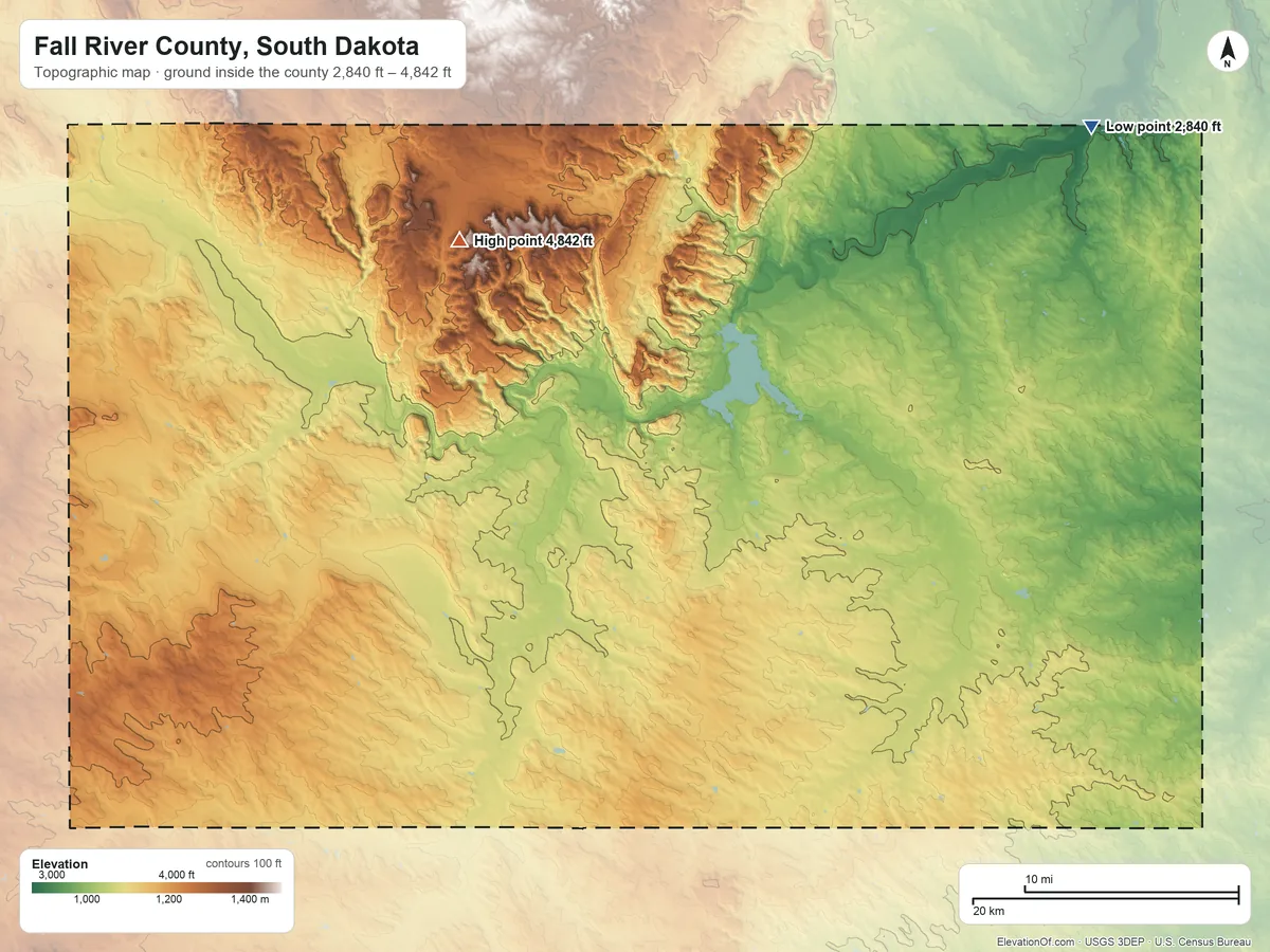 Topographic elevation map of Fall River County, South Dakota, shaded from 2,840 ft on the northeast side to 4,842 ft on Parker Peak