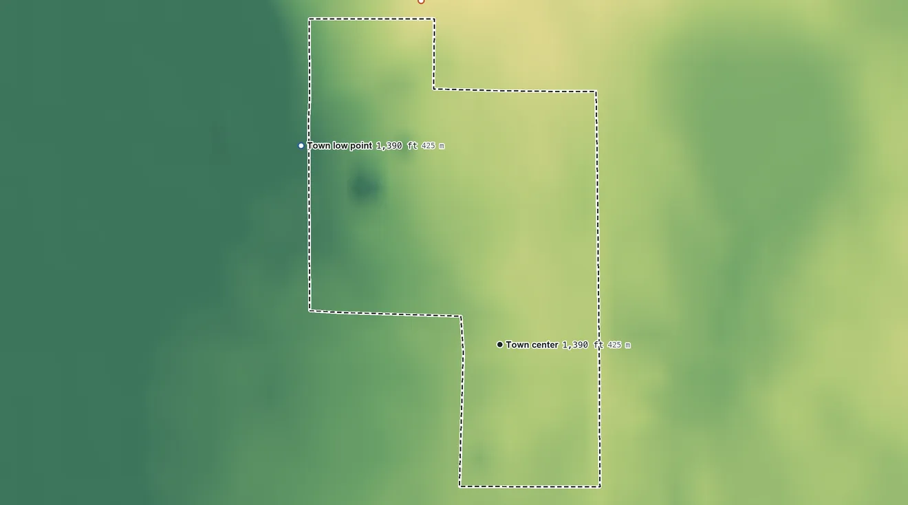 Topographic elevation map of Farmer, South Dakota, shaded from 1,390 ft on the northwest side to 1,400 ft on the north side