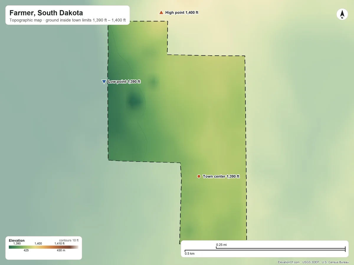 Topographic elevation map of Farmer, South Dakota, shaded from 1,390 ft on the northwest side to 1,400 ft on the north side
