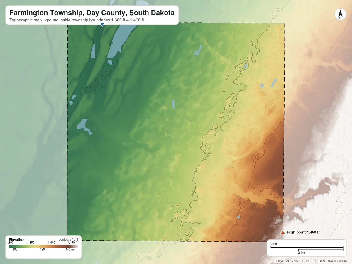 Topographic elevation map of Farmington Township, Day County, South Dakota, shaded from 1,300 ft on the northwest side to 1,460 ft on the southeast side