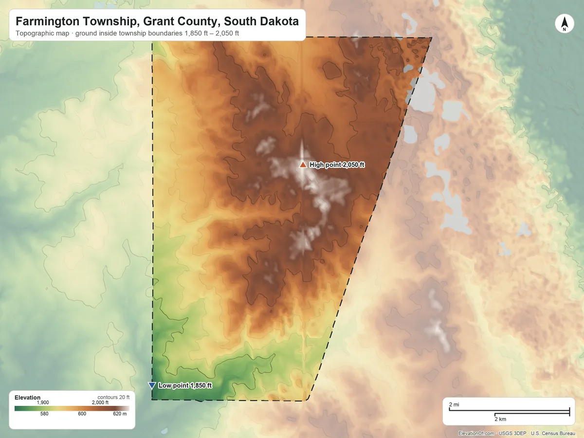 Topographic elevation map of Farmington Township, Grant County, South Dakota, shaded from 1,850 ft on the southwest side to 2,050 ft on the northeast side