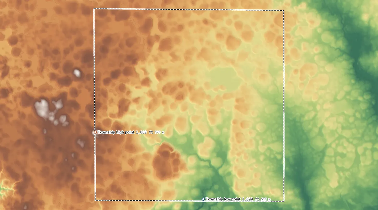 Topographic elevation map of Farmington Township, South Dakota, shaded from 1,690 ft on the south side to 1,880 ft on the west side