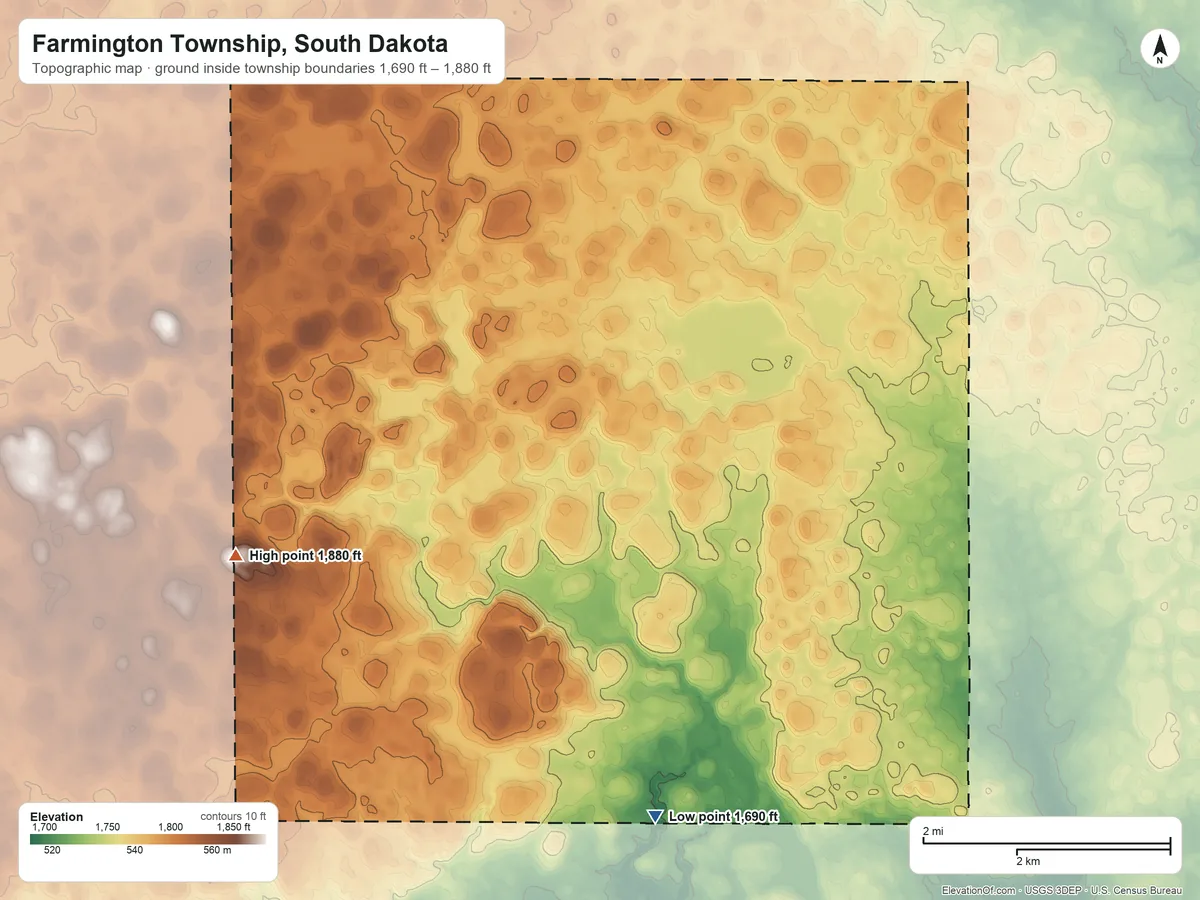 Topographic elevation map of Farmington Township, South Dakota, shaded from 1,690 ft on the south side to 1,880 ft on the west side