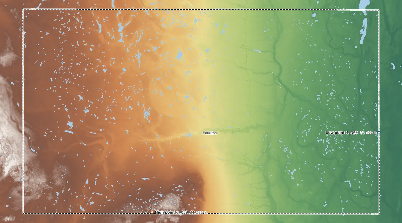 Topographic elevation map of Faulk County, South Dakota, shaded from 1,320 ft on the east side to 2,030 ft on Waters Hill