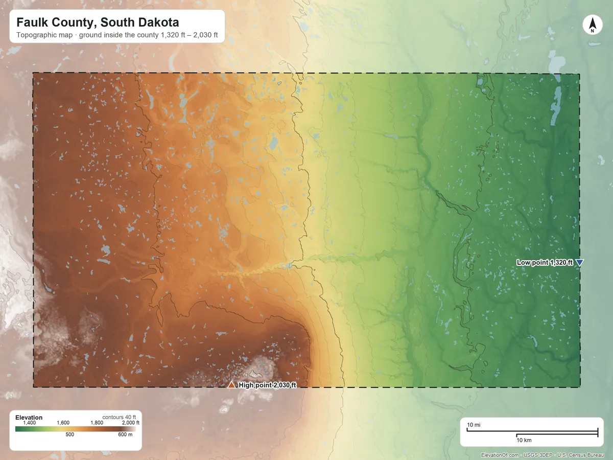 Topographic elevation map of Faulk County, South Dakota, shaded from 1,320 ft on the east side to 2,030 ft on Waters Hill