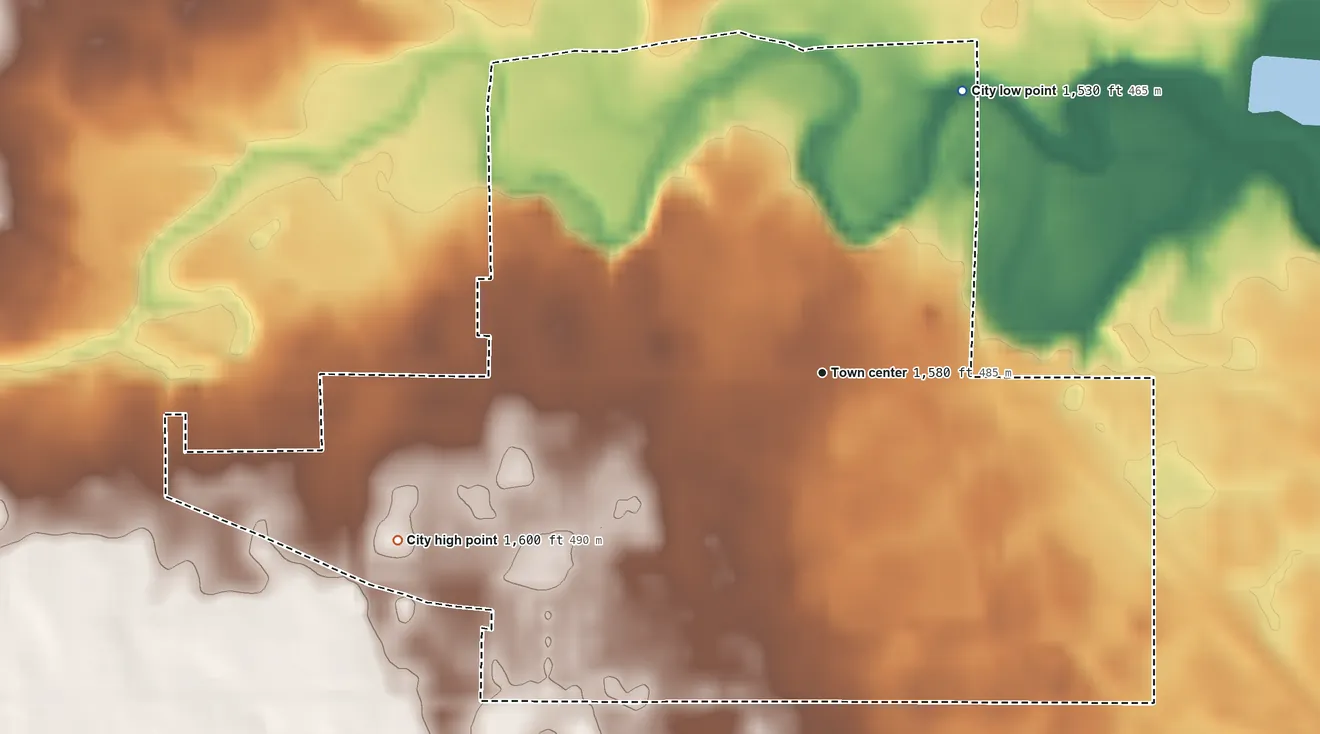 Topographic elevation map of Faulkton, South Dakota, shaded from 1,530 ft on the northeast side to 1,600 ft on the west side