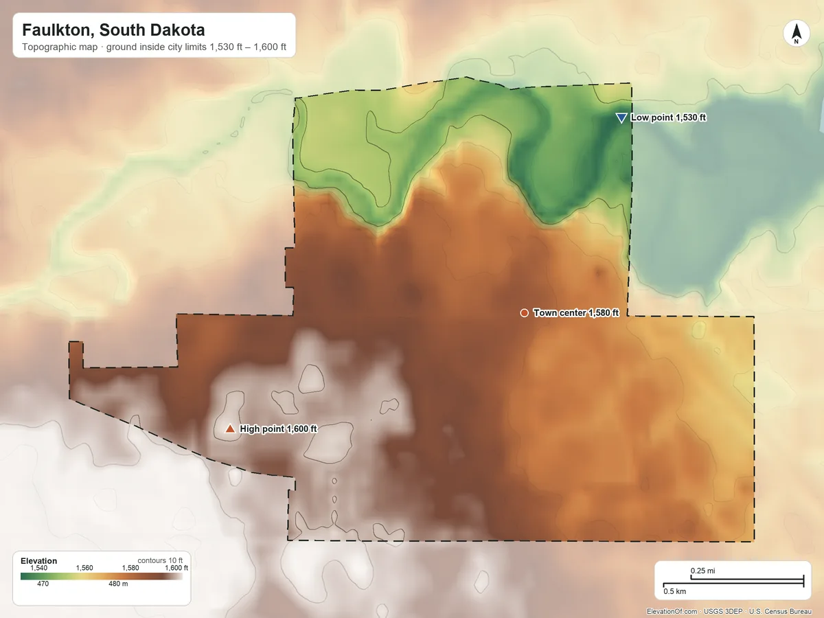 Topographic elevation map of Faulkton, South Dakota, shaded from 1,530 ft on the northeast side to 1,600 ft on the west side