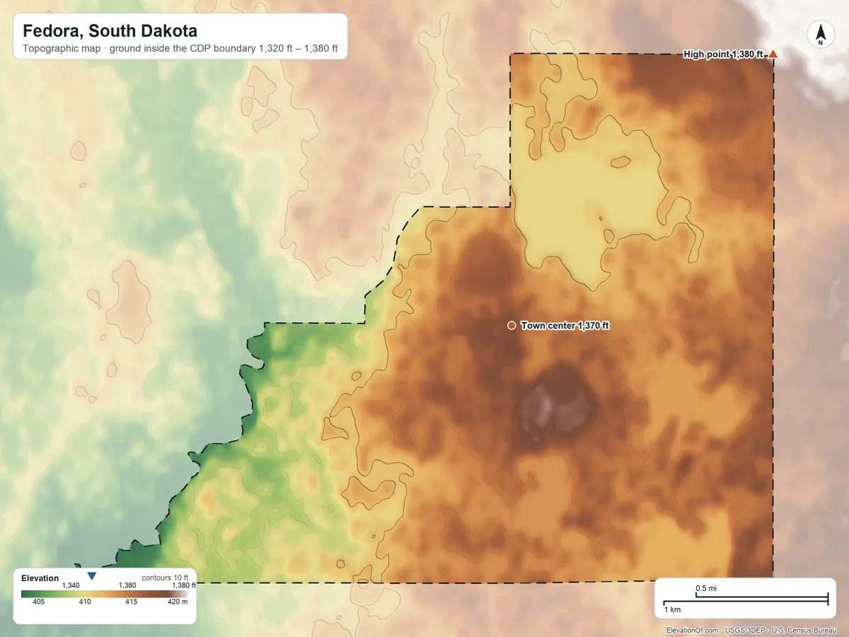 Topographic elevation map of Fedora, South Dakota, shaded from 1,320 ft on the southwest side to 1,380 ft on the northeast side