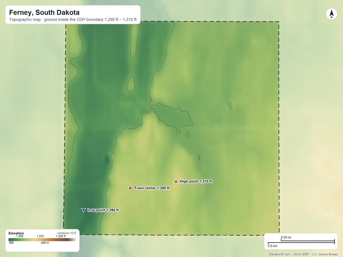 Topographic elevation map of Ferney, South Dakota, shaded from 1,290 ft on the southwest side to 1,310 ft on the east side