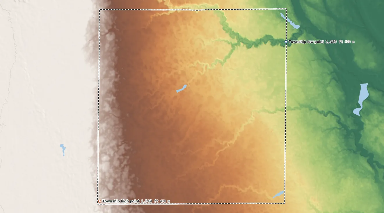 Topographic elevation map of Firesteel Township, South Dakota, shaded from 1,380 ft on the northeast side to 1,540 ft on the west side
