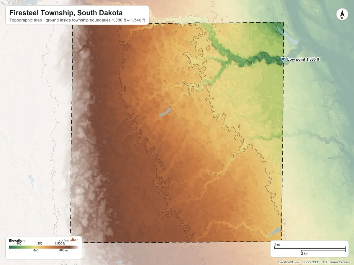 Topographic elevation map of Firesteel Township, South Dakota, shaded from 1,380 ft on the northeast side to 1,540 ft on the west side