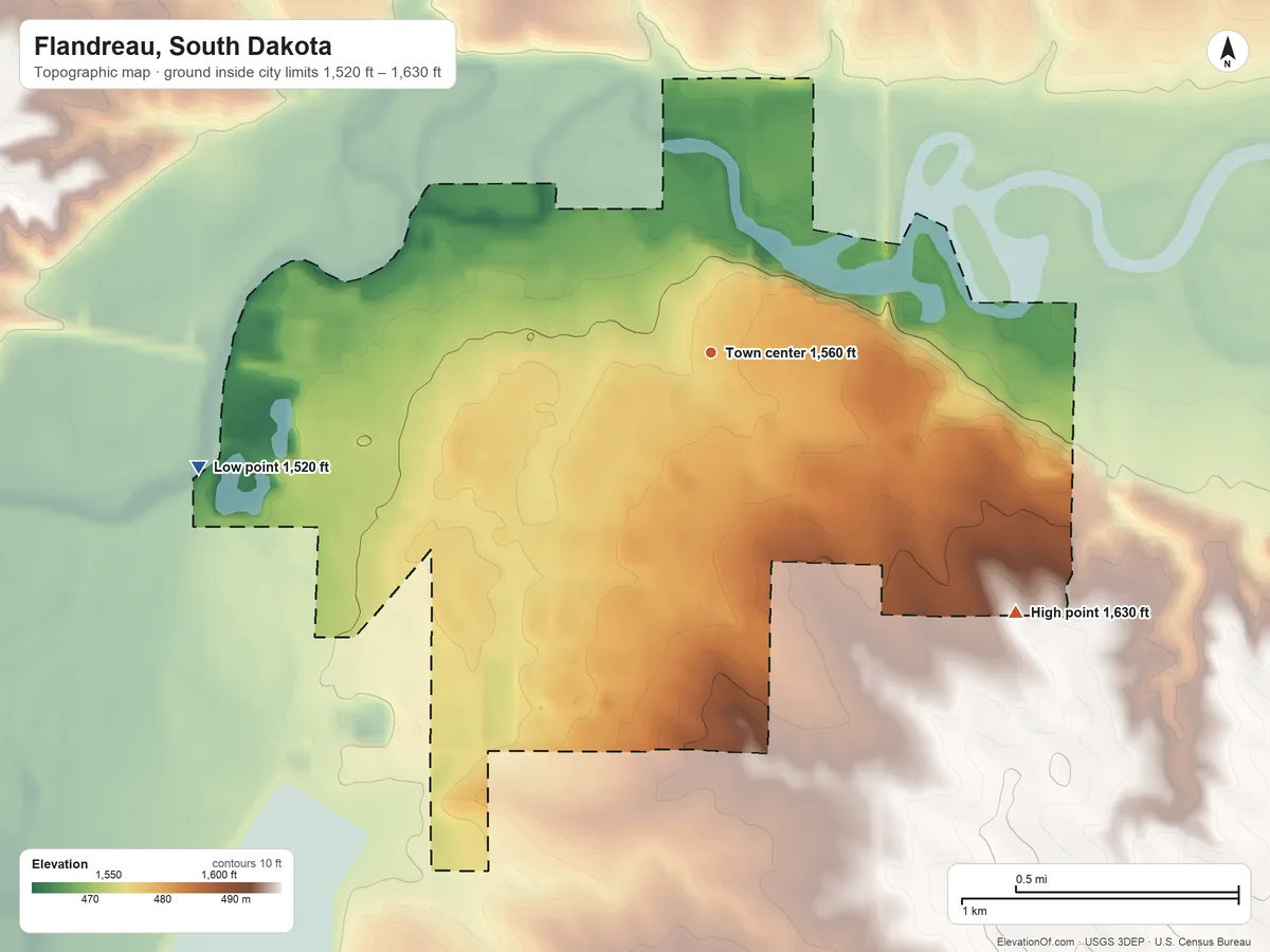 Topographic elevation map of Flandreau, South Dakota, shaded from 1,520 ft on the west side to 1,630 ft on the southeast side