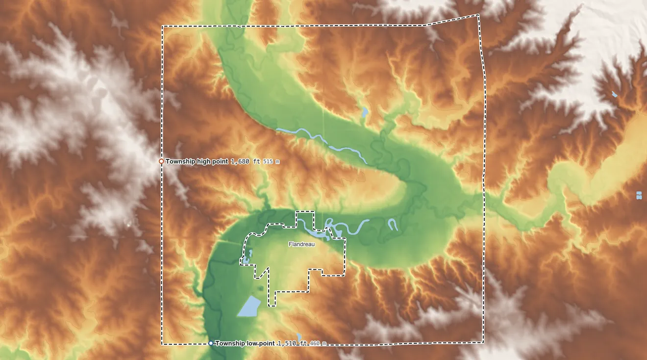 Topographic elevation map of Flandreau Township, South Dakota, shaded from 1,510 ft on the southwest side to 1,680 ft on the west side