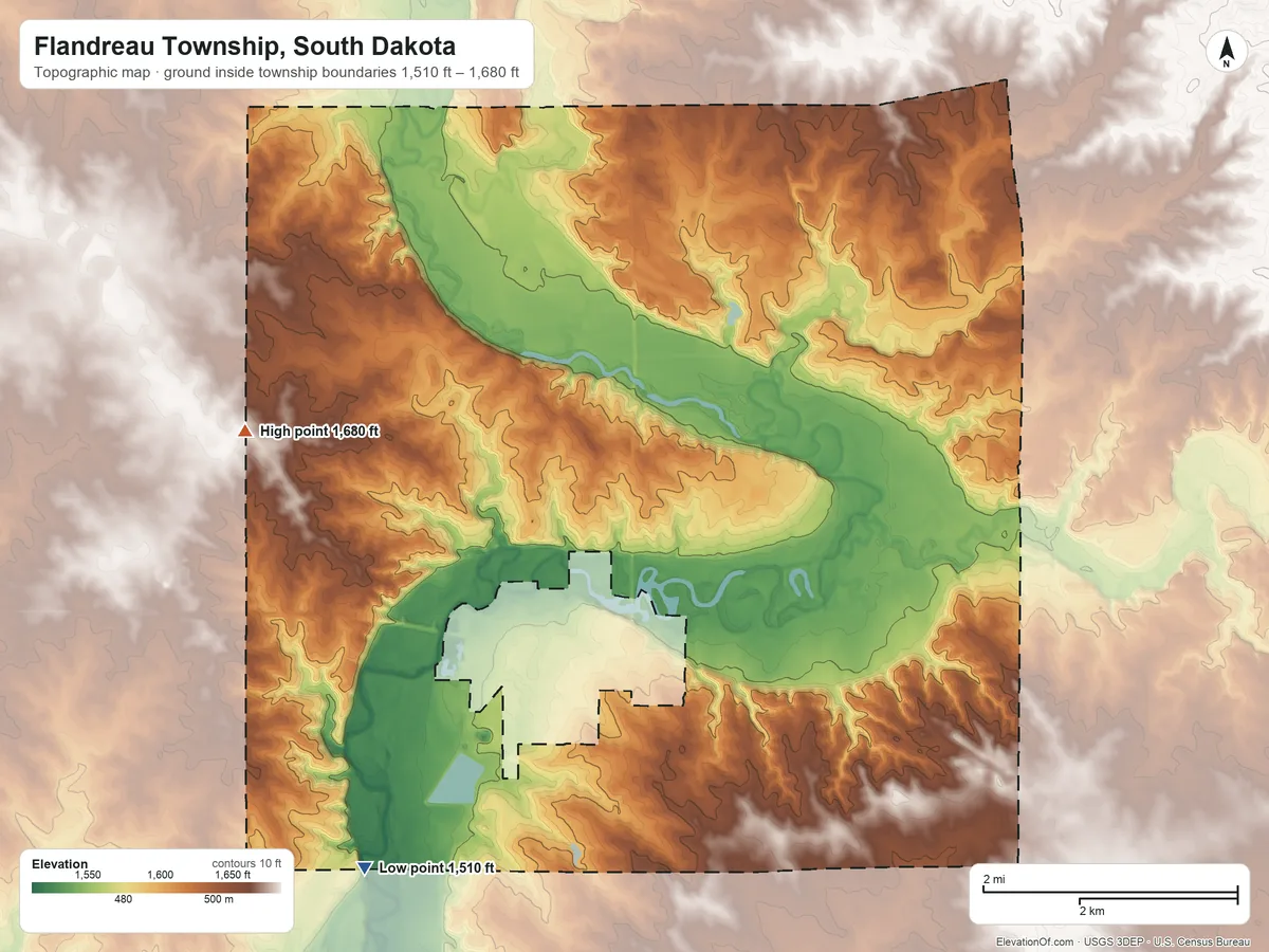 Topographic elevation map of Flandreau Township, South Dakota, shaded from 1,510 ft on the southwest side to 1,680 ft on the west side