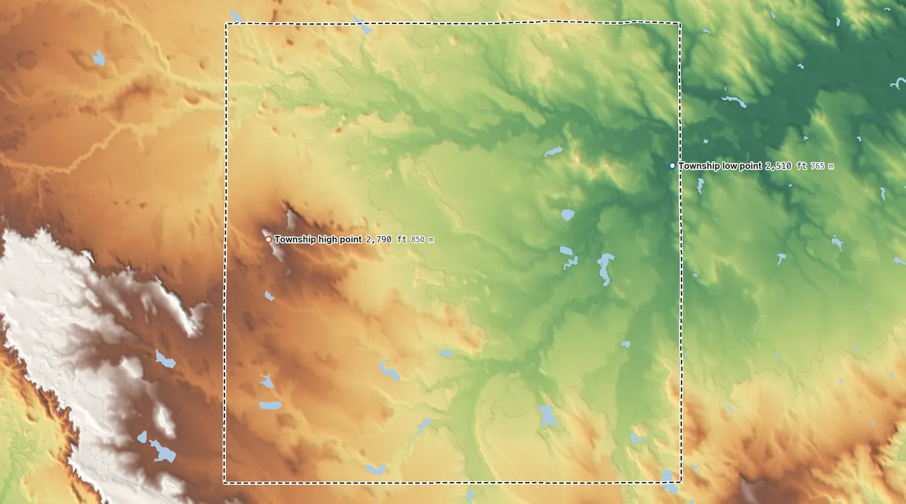 Topographic elevation map of Flat Butte Township, South Dakota, shaded from 2,510 ft on the east side to 2,790 ft on the west side