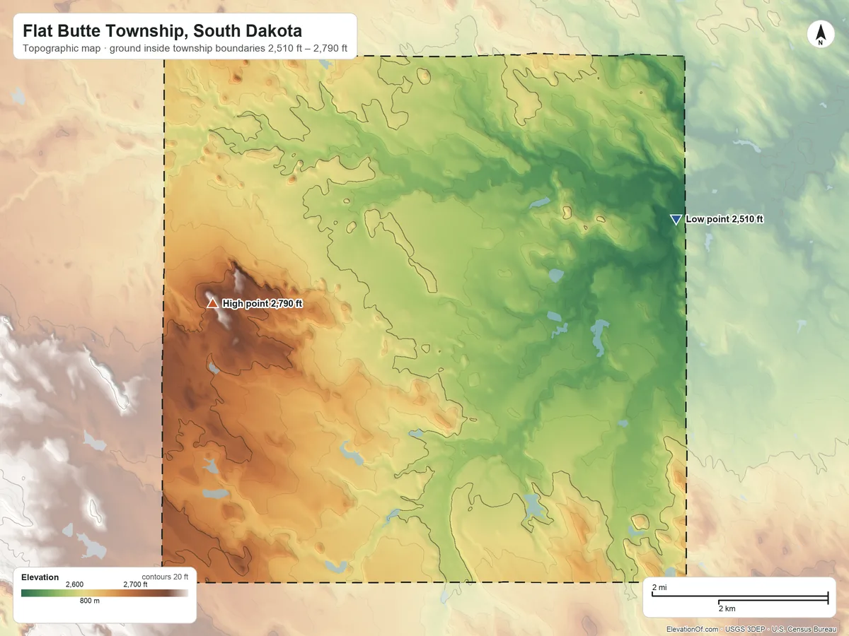 Topographic elevation map of Flat Butte Township, South Dakota, shaded from 2,510 ft on the east side to 2,790 ft on the west side