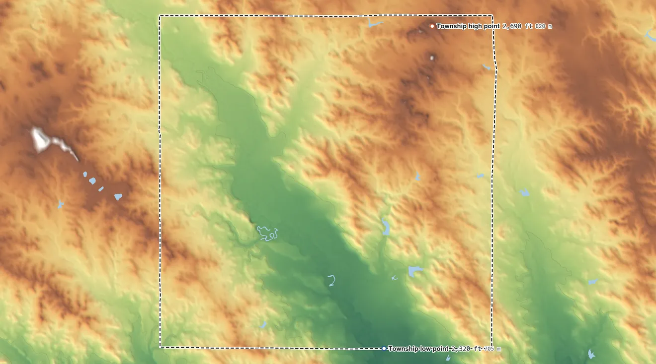 Topographic elevation map of Flat Creek Township, South Dakota, shaded from 2,320 ft on the southeast side to 2,690 ft on the northeast side