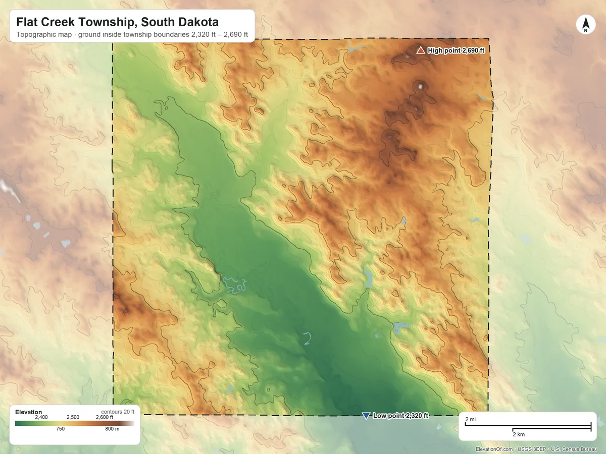 Topographic elevation map of Flat Creek Township, South Dakota, shaded from 2,320 ft on the southeast side to 2,690 ft on the northeast side