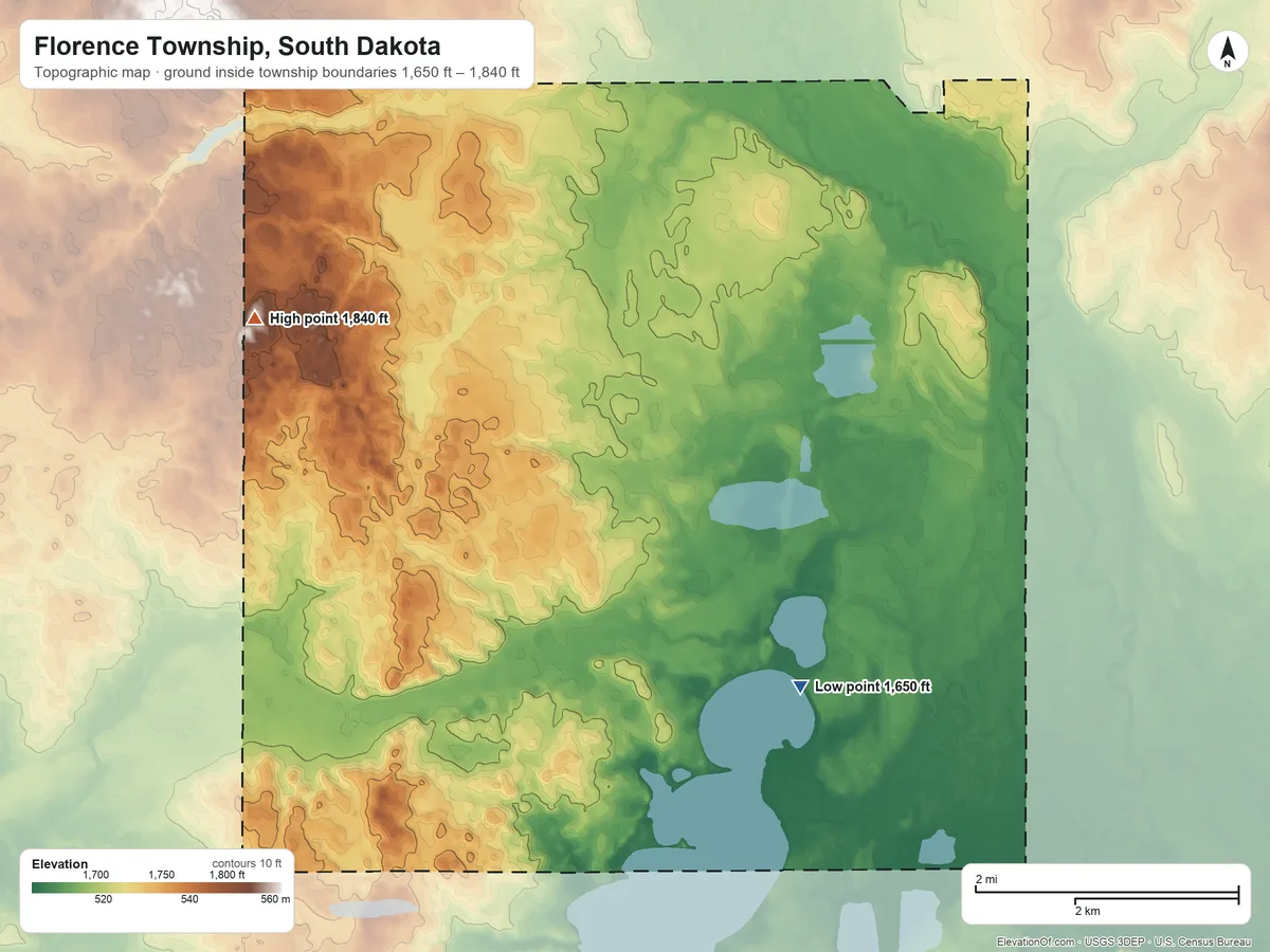 Topographic elevation map of Florence Township, South Dakota, shaded from 1,650 ft on the south side to 1,840 ft on the west side