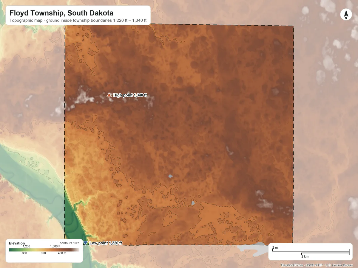 Topographic elevation map of Floyd Township, South Dakota, shaded from 1,220 ft on the southwest side to 1,340 ft on the west side