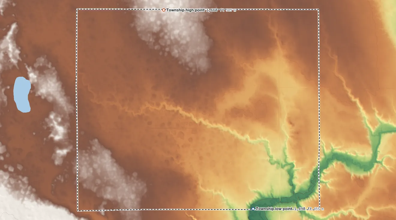 Topographic elevation map of Forbes Township, South Dakota, shaded from 1,490 ft on the southeast side to 1,660 ft on the north side