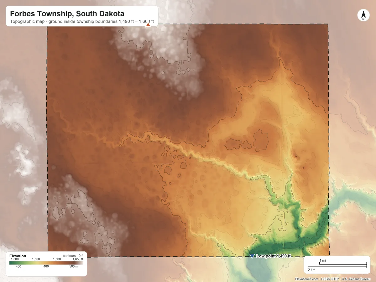 Topographic elevation map of Forbes Township, South Dakota, shaded from 1,490 ft on the southeast side to 1,660 ft on the north side