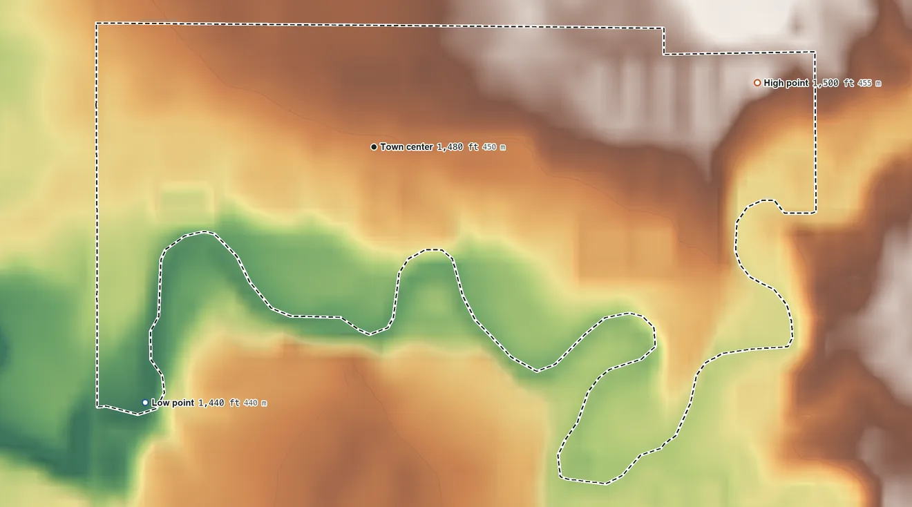 Topographic elevation map of Fordham Colony, South Dakota, shaded from 1,440 ft on the southwest side to 1,500 ft on the east side