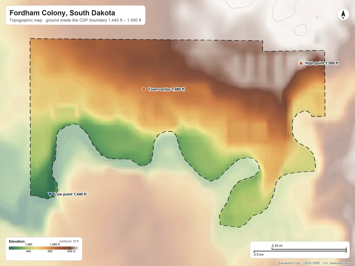 Topographic elevation map of Fordham Colony, South Dakota, shaded from 1,440 ft on the southwest side to 1,500 ft on the east side