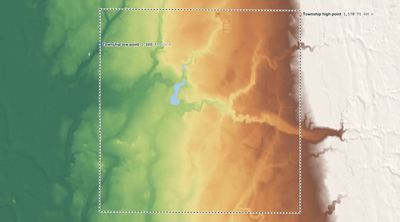 Topographic elevation map of Fordham Township, South Dakota, shaded from 1,400 ft on the northwest side to 1,570 ft on the northeast side