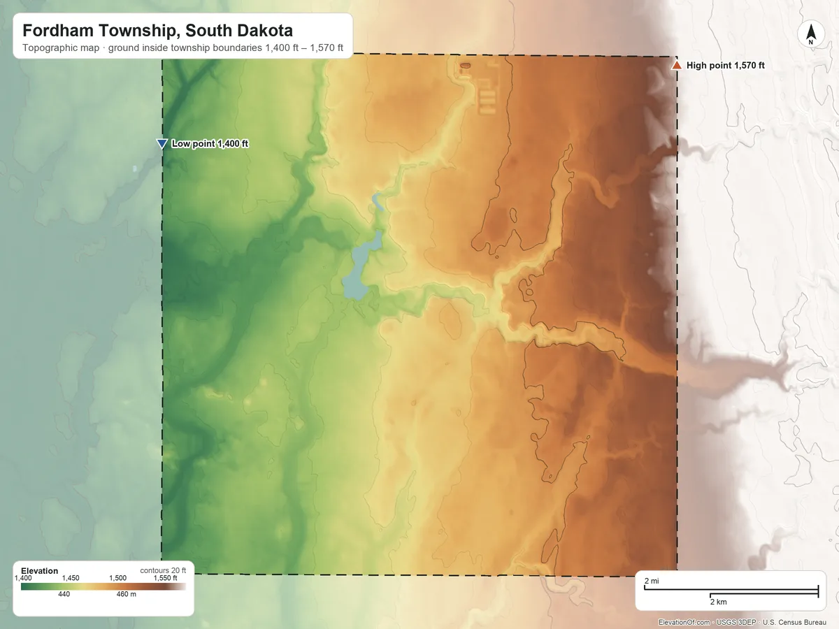 Topographic elevation map of Fordham Township, South Dakota, shaded from 1,400 ft on the northwest side to 1,570 ft on the northeast side