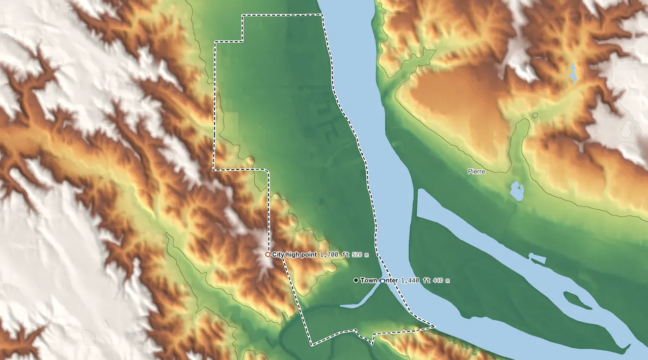 Topographic elevation map of Fort Pierre, South Dakota, shaded from 1,420 ft near the middle to 1,700 ft on the west side