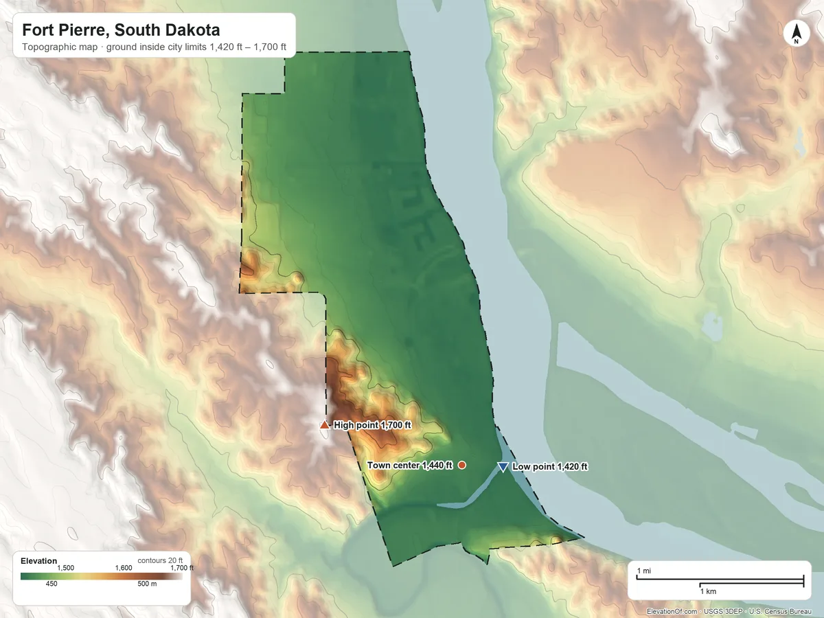 Topographic elevation map of Fort Pierre, South Dakota, shaded from 1,420 ft near the middle to 1,700 ft on the west side