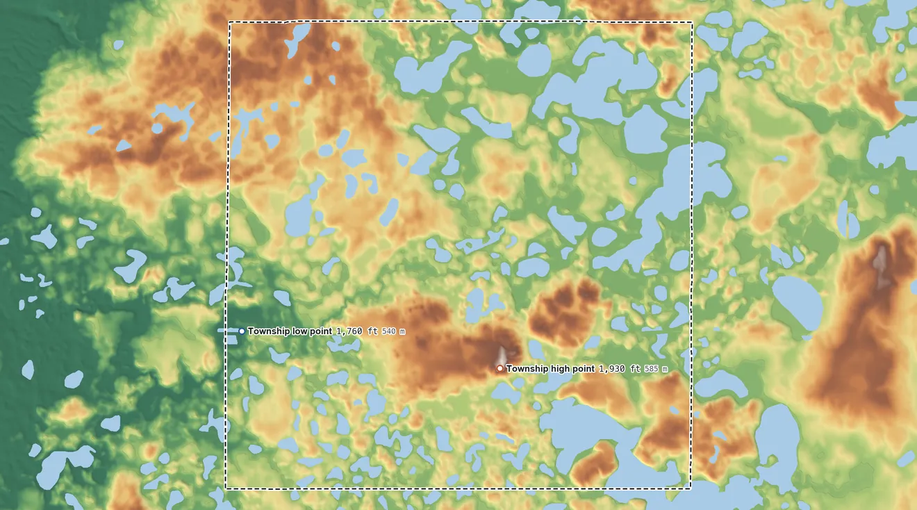 Topographic elevation map of Fort Township, South Dakota, shaded from 1,760 ft on the west side to 1,930 ft on the southeast side