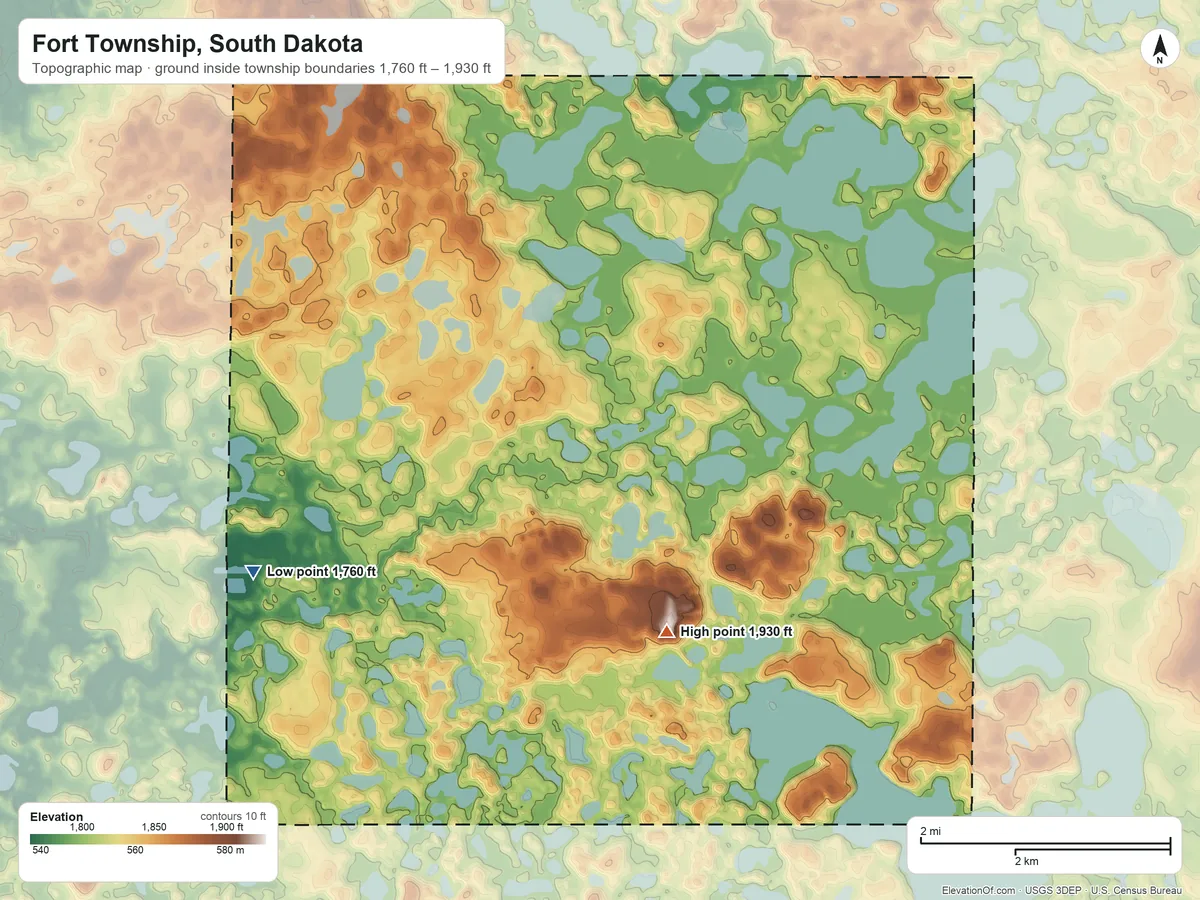 Topographic elevation map of Fort Township, South Dakota, shaded from 1,760 ft on the west side to 1,930 ft on the southeast side