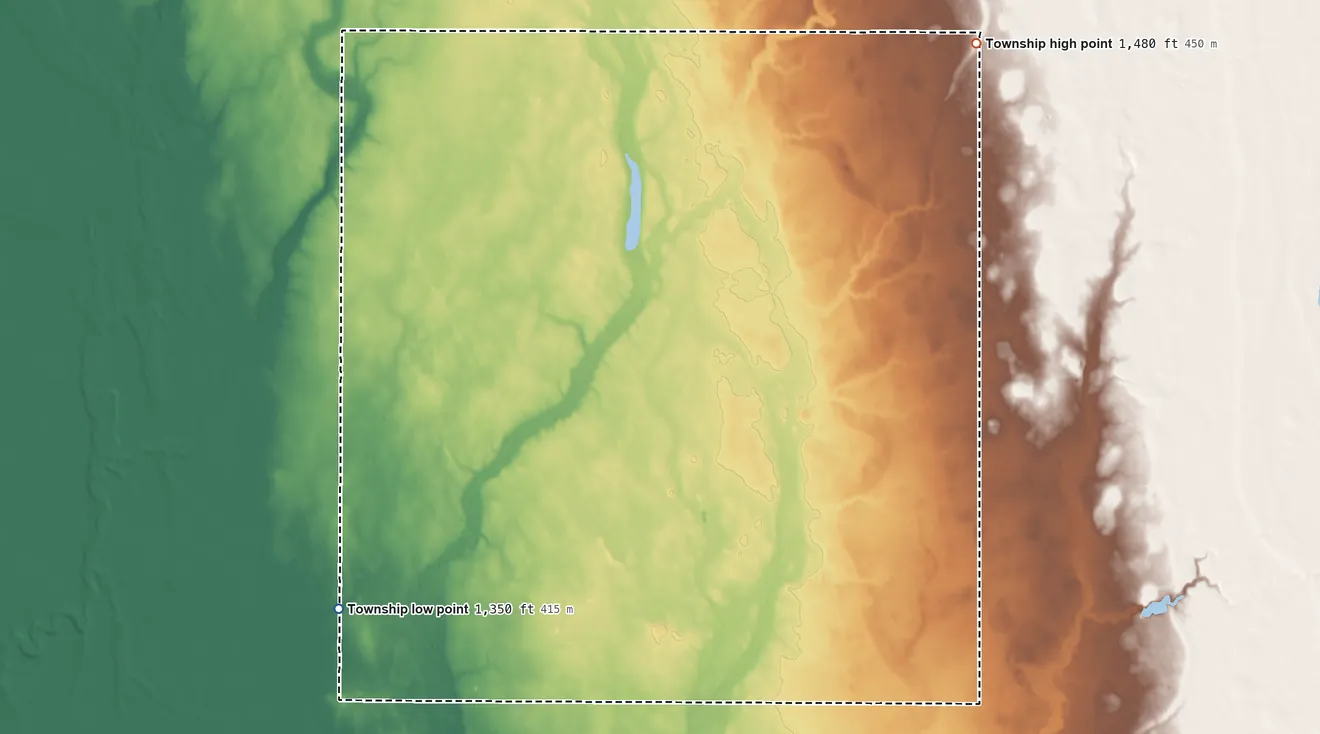 Topographic elevation map of Foster Township, Beadle County, South Dakota, shaded from 1,350 ft on the southwest side to 1,480 ft on the northeast side