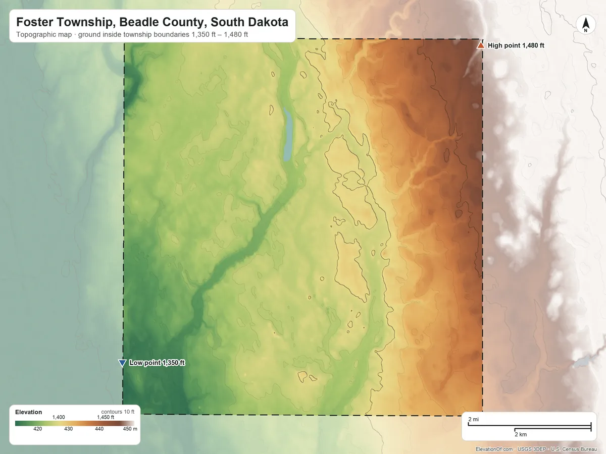 Topographic elevation map of Foster Township, Beadle County, South Dakota, shaded from 1,350 ft on the southwest side to 1,480 ft on the northeast side