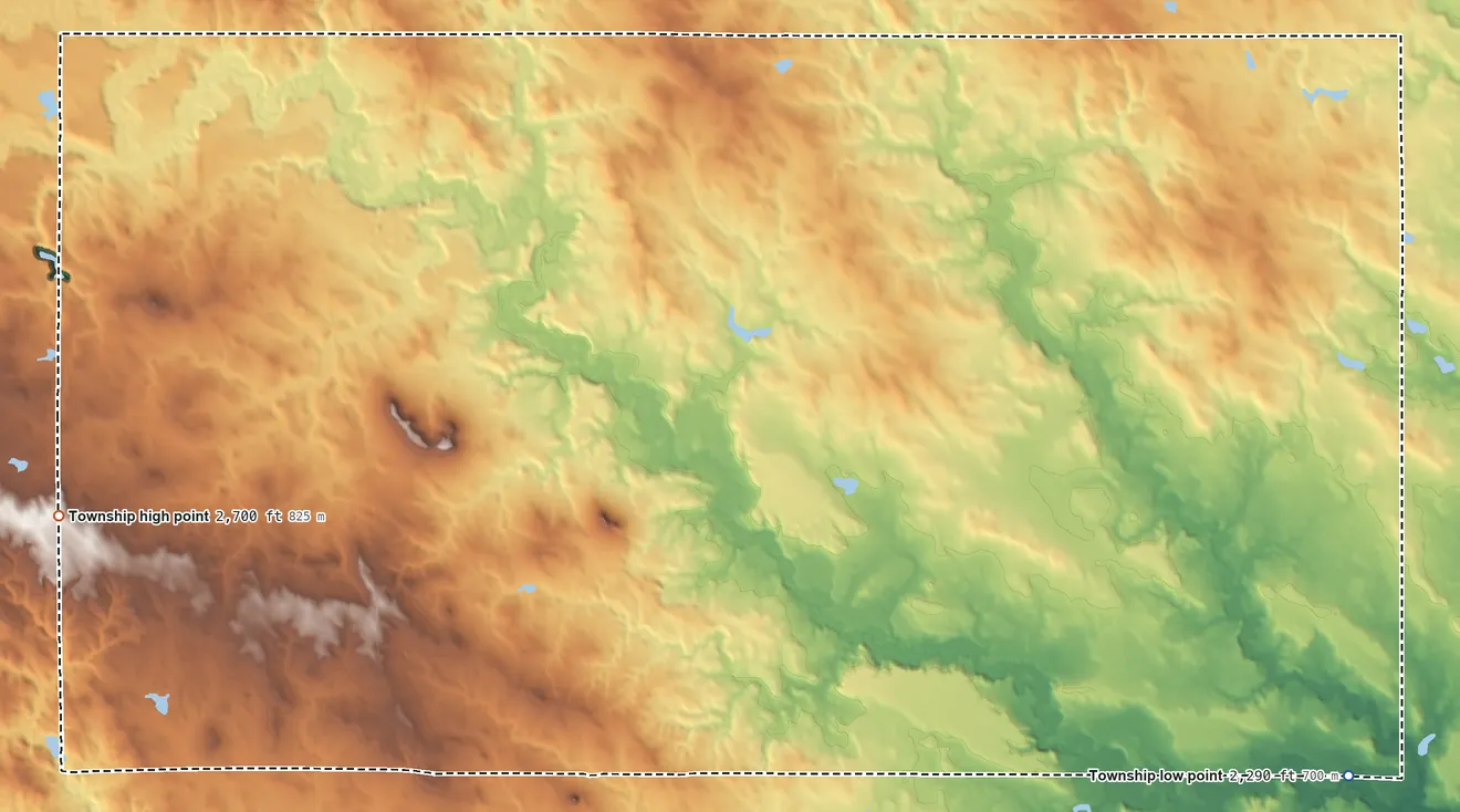 Topographic elevation map of Foster Township, Perkins County, South Dakota, shaded from 2,290 ft on the southeast side to 2,700 ft on the west side