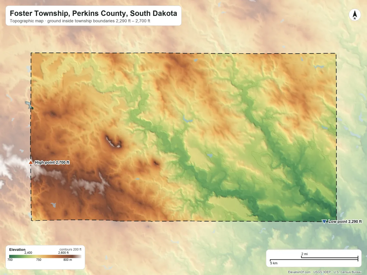 Topographic elevation map of Foster Township, Perkins County, South Dakota, shaded from 2,290 ft on the southeast side to 2,700 ft on the west side