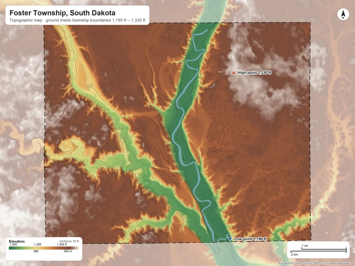 Topographic elevation map of Foster Township, South Dakota, shaded from 1,190 ft on the south side to 1,330 ft on the east side