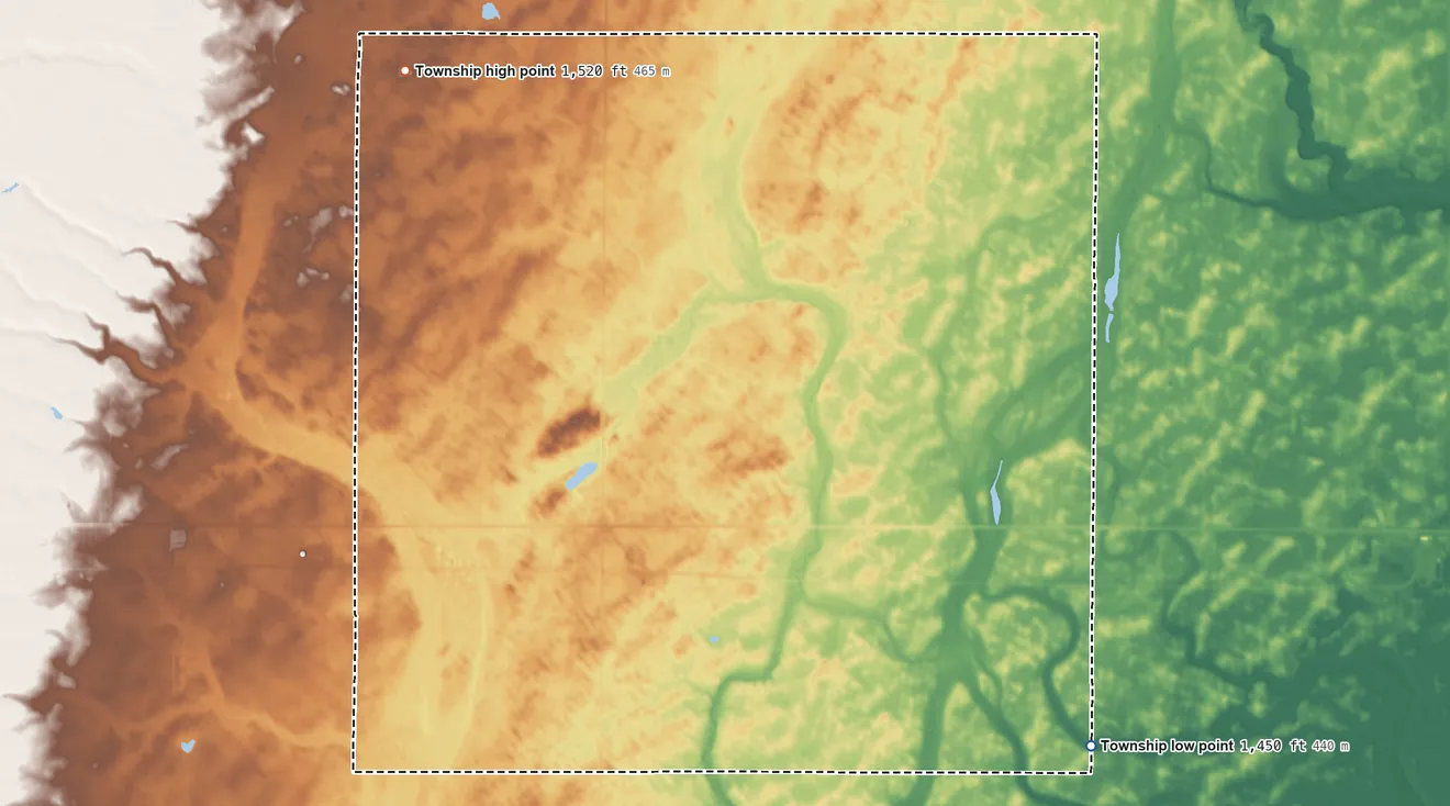Topographic elevation map of Fountain Township, South Dakota, shaded from 1,450 ft on the southeast side to 1,520 ft on the northwest side