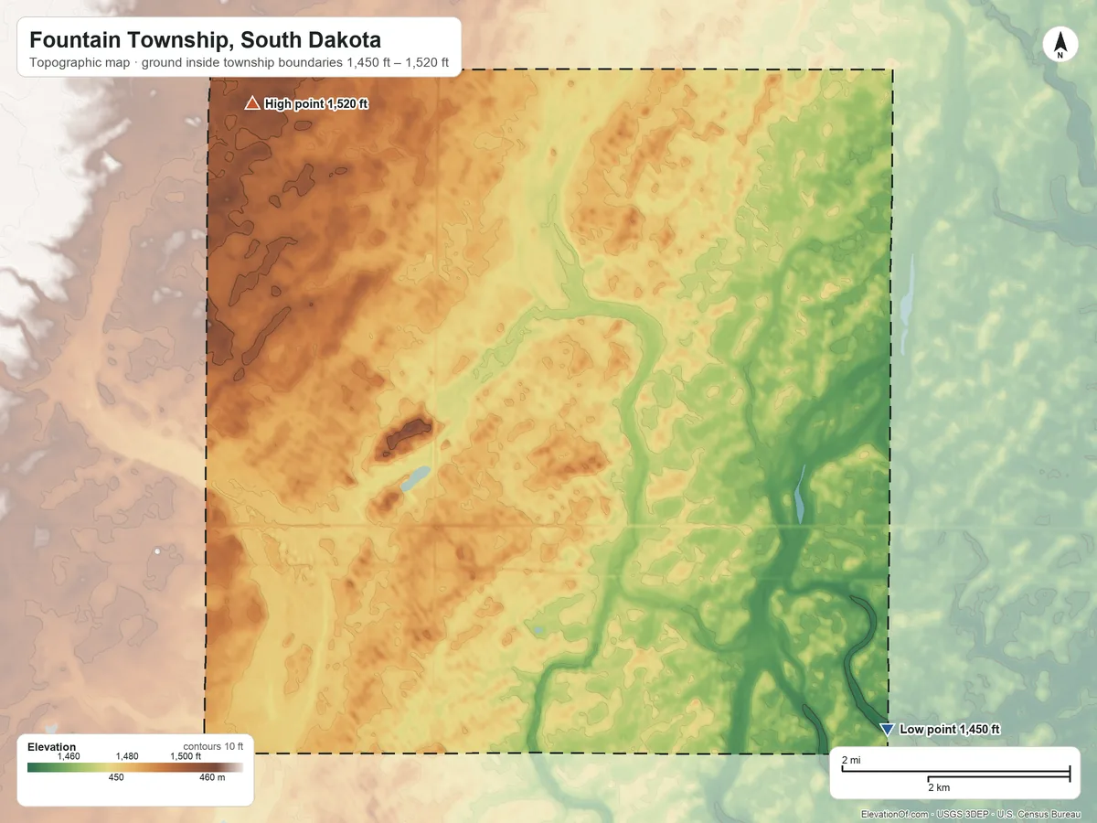 Topographic elevation map of Fountain Township, South Dakota, shaded from 1,450 ft on the southeast side to 1,520 ft on the northwest side
