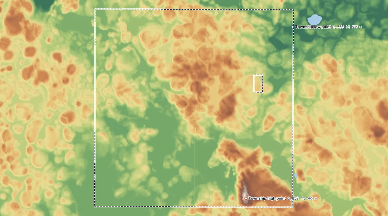 Topographic elevation map of Foxton Township, South Dakota, shaded from 1,750 ft on the east side to 1,850 ft on the south side