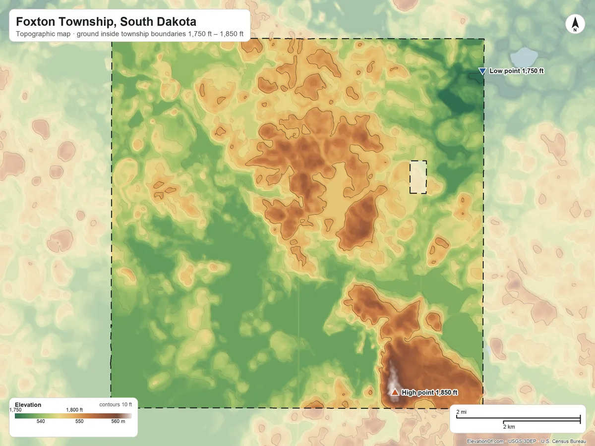 Topographic elevation map of Foxton Township, South Dakota, shaded from 1,750 ft on the east side to 1,850 ft on the south side